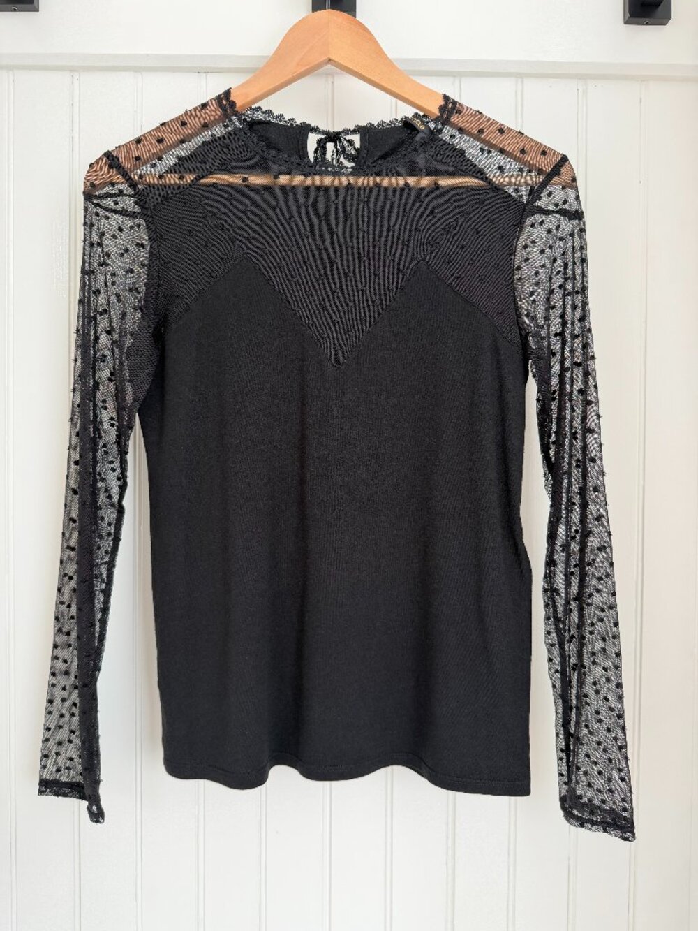 Maje Tribador Black Sheer Swiss Dot Mesh Lace Long Sleeve Top — Sz 1 US S